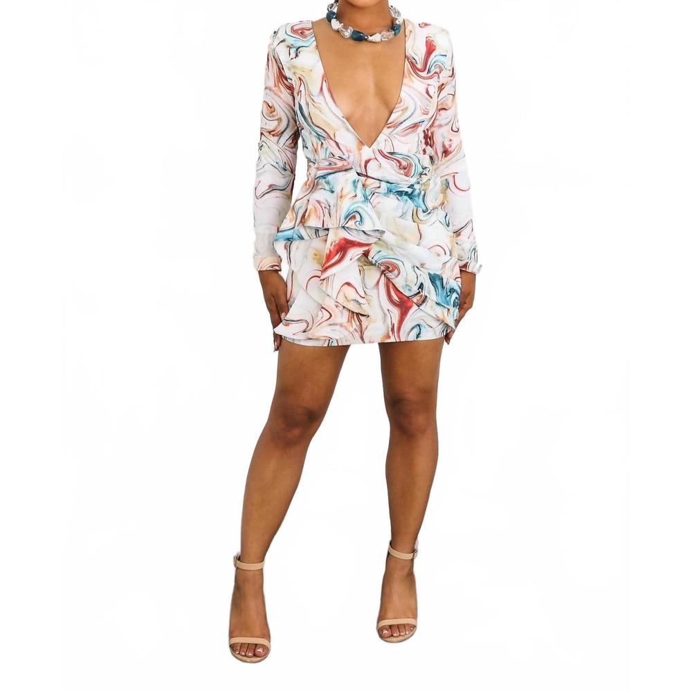 NEW SURELYMINE marble muse ruched mini dress in multi